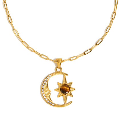 18K gold plated celestial necklace with moon, star, zircon and tiger eye gemstone – STUD