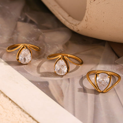 Elegant 18K Gold-Plated Waterdrop Zircon Ring for Women