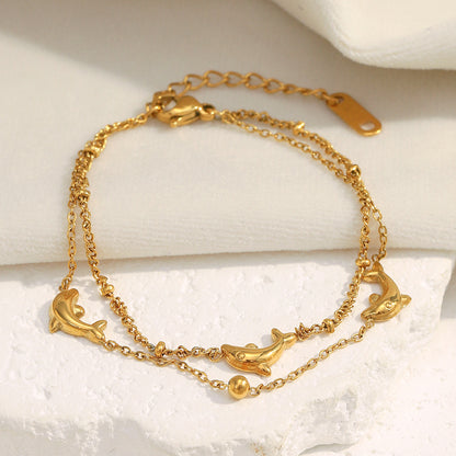18K Gold Dolphin Double Chain Bracelet – Stainless Steel, Ocean-Inspired Jewelry
