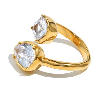 STUD 18K gold-plated stainless steel open ring with dual geometric pear and cushion cut zircon stones