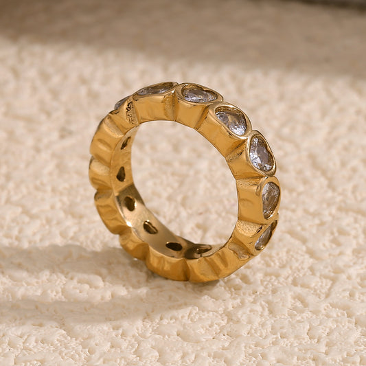 Heart-shaped gold ring with micro-paved white zircon – 18K gold-plated stainless steel – romantic daily wear jewelry by STUD (Shop Till You Drop)