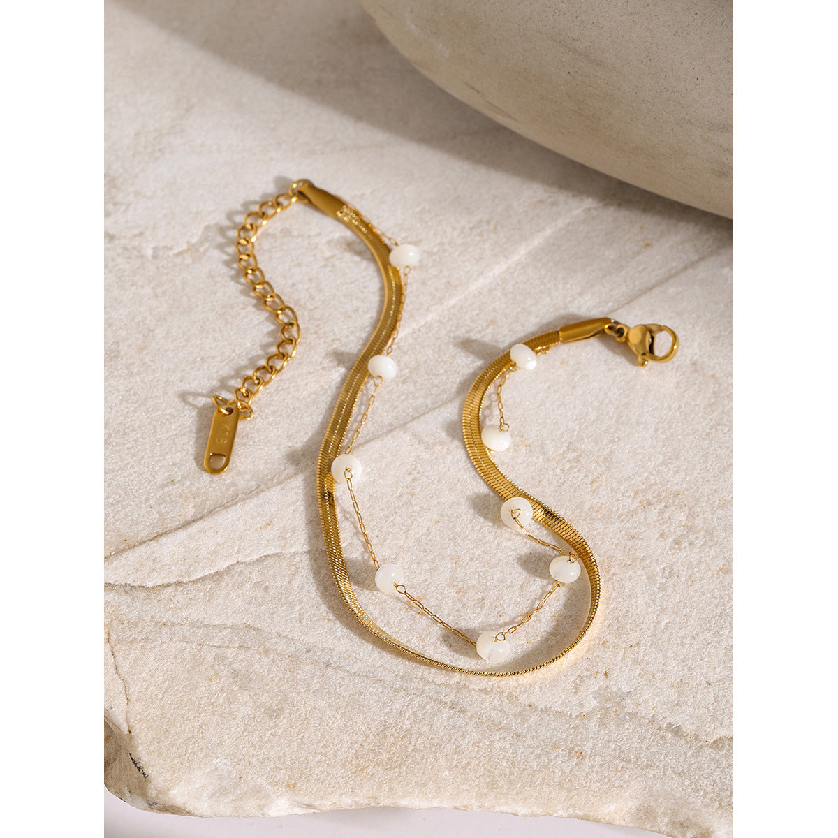 Double-layer 18K gold anklet with bar charm and beaded chain