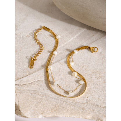 Double-layer 18K gold anklet with bar charm and beaded chain