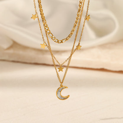 Close View of Triple layer celestial necklace with moon, star & stone charms – gold plated by STUD-Shop Till You Drop