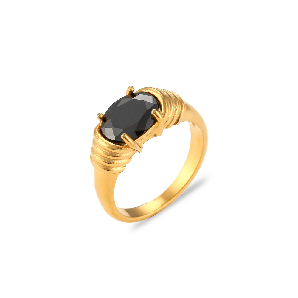 Gold plated stainless steel oval ring with black zircon center stone – STUD