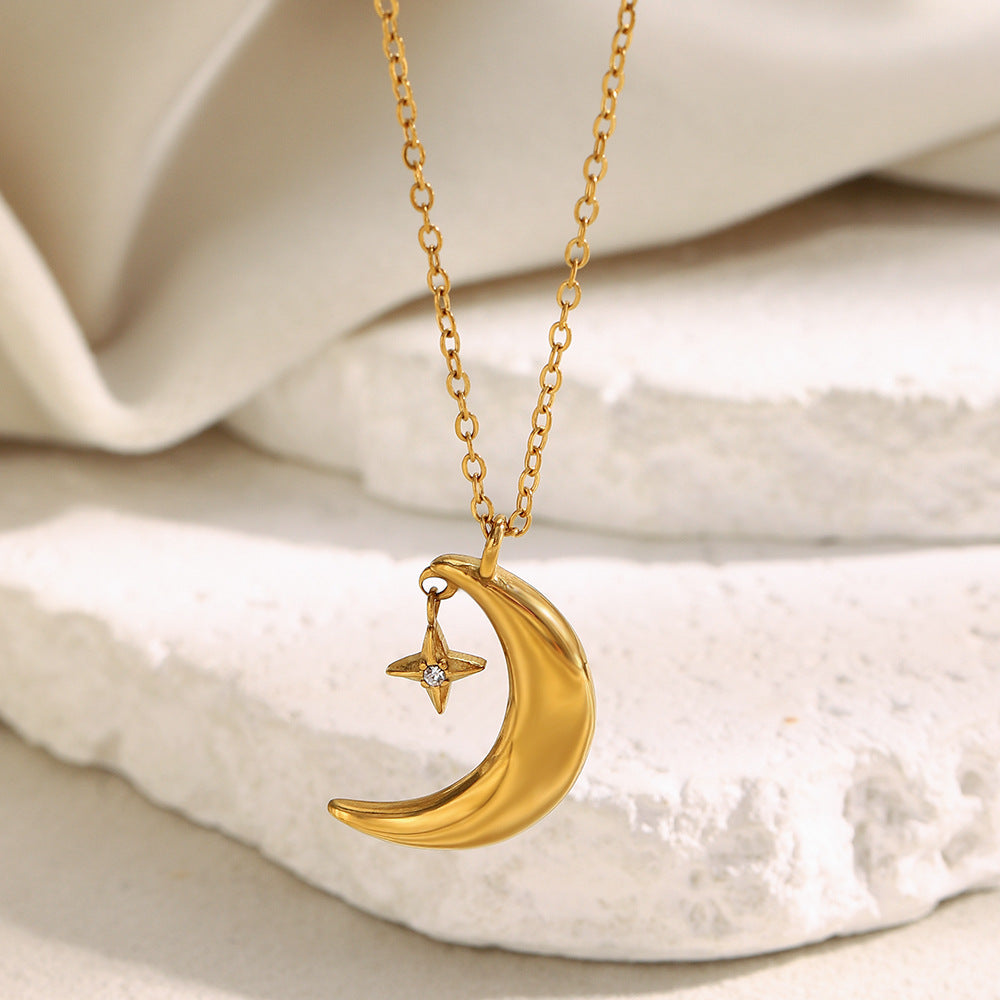 18K gold-plated crescent moon and star pendant necklace on stainless steel chain