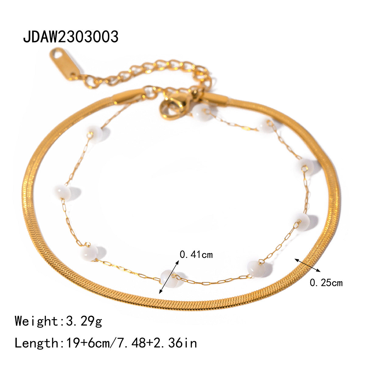 Double-layer 18K gold anklet with bar charm and beaded chain