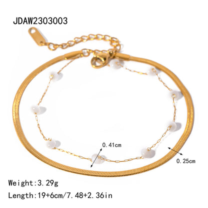 Double-layer 18K gold anklet with bar charm and beaded chain