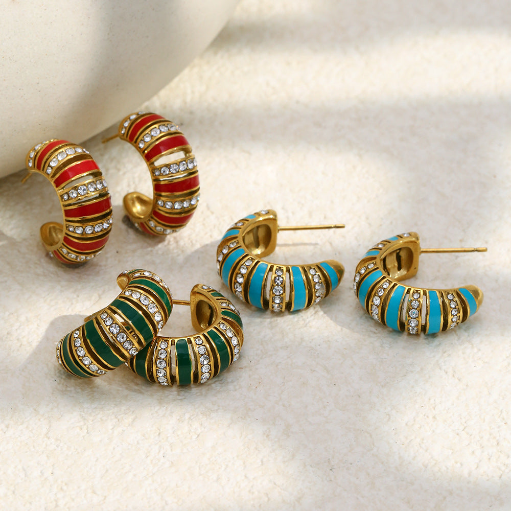 18K gold-plated stainless steel turquoise enamel C-shaped hoop earrings with zircon stones