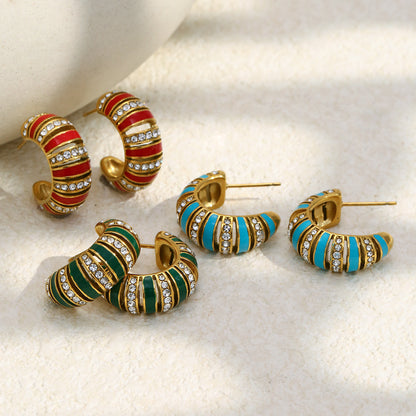 18K gold-plated stainless steel turquoise enamel C-shaped hoop earrings with zircon stones
