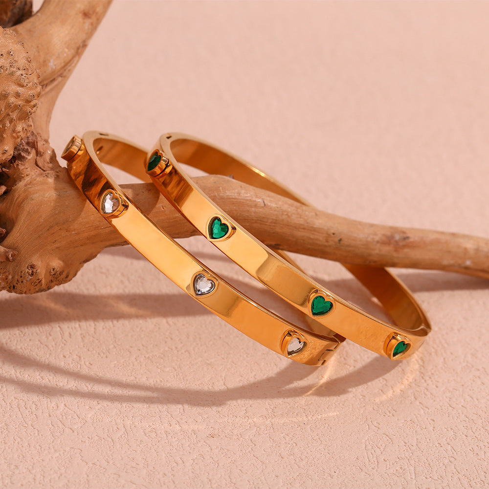 Micro-Paved Green Heart Zircon Clasp Bangle