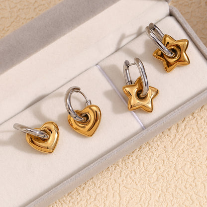 18K Gold Plated Heart and Star Mismatch Earrings – Two-Tone Stainless Steel – STUD