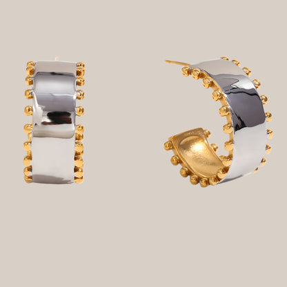 Close View of Two-tone 18K gold-plated beaded edge earrings – waterproof, hypoallergenic by STUD (Shop Till You Drop)