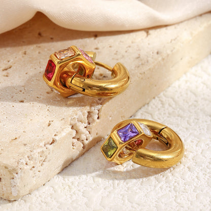 Gold-plated chunky hoop earrings with multicolor geometric gemstones – Aurora Gem Hoops by STUD