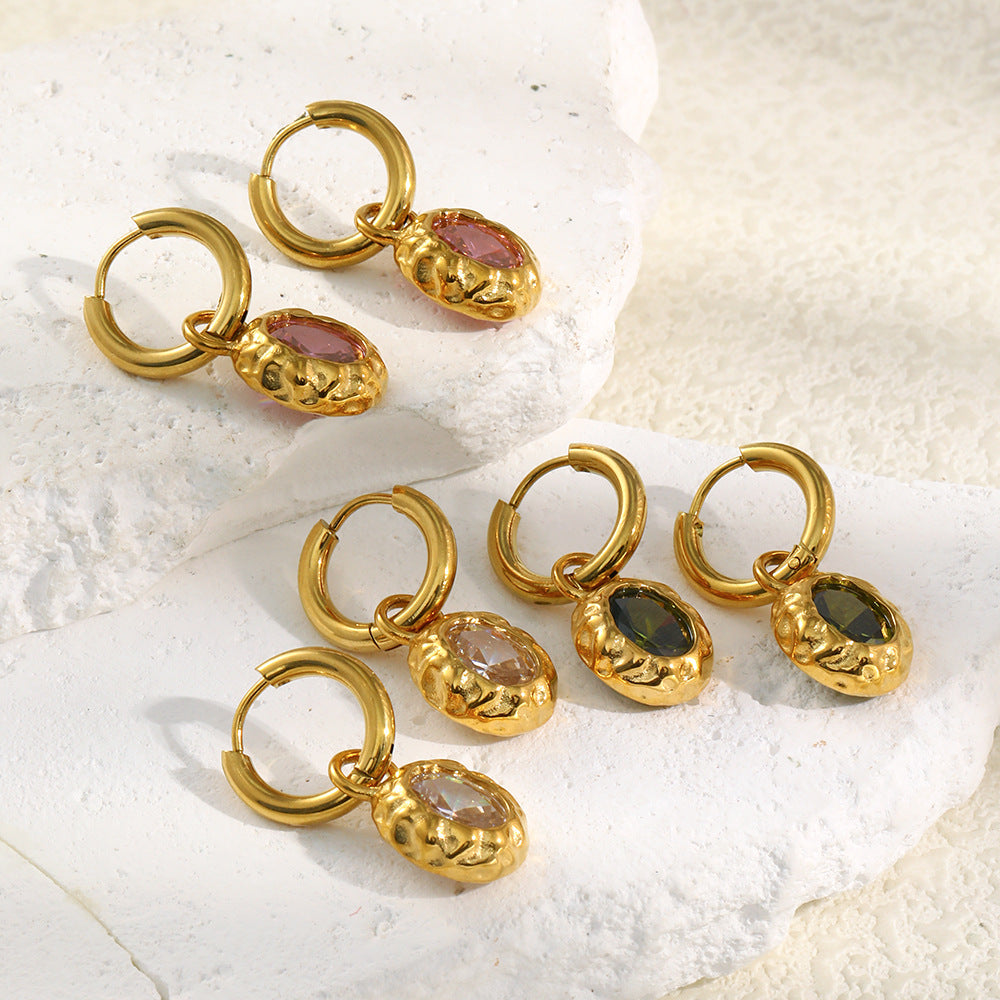 STUD 18K gold-plated stainless steel hammered oval hoop earrings with champagne zircon stone