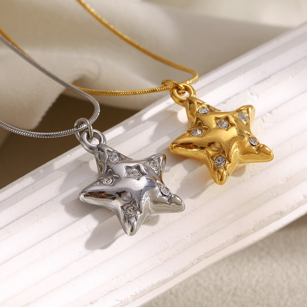 Gold 18K plated star pendant necklace with zircon crystal accents on snake chain – STUD