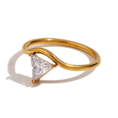 Triangle Wavy Zircon Ring in gold finish by STUD