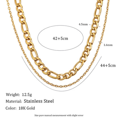Silver stainless steel double layer chain necklace with chunky and delicate links.