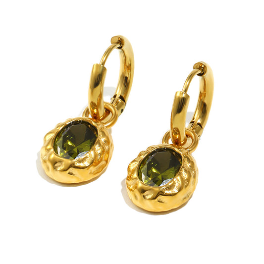 STUD 18K gold-plated stainless steel hammered oval hoop earrings with green zircon stone