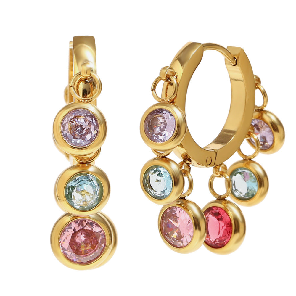 18K gold-plated stainless steel hoop earrings with colorful dangling zircon stones for women