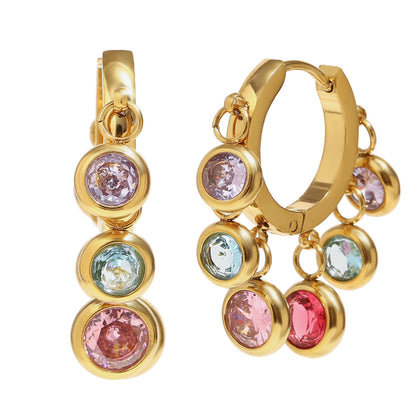 18K gold-plated stainless steel hoop earrings with colorful dangling zircon stones for women