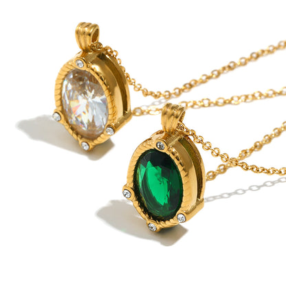 STUD 18K gold-plated stainless steel necklace with twisted edge oval clear zircon pendant