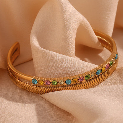 18K gold plated double-layer fishbone bangle – vintage open cuff bracelet – STUD