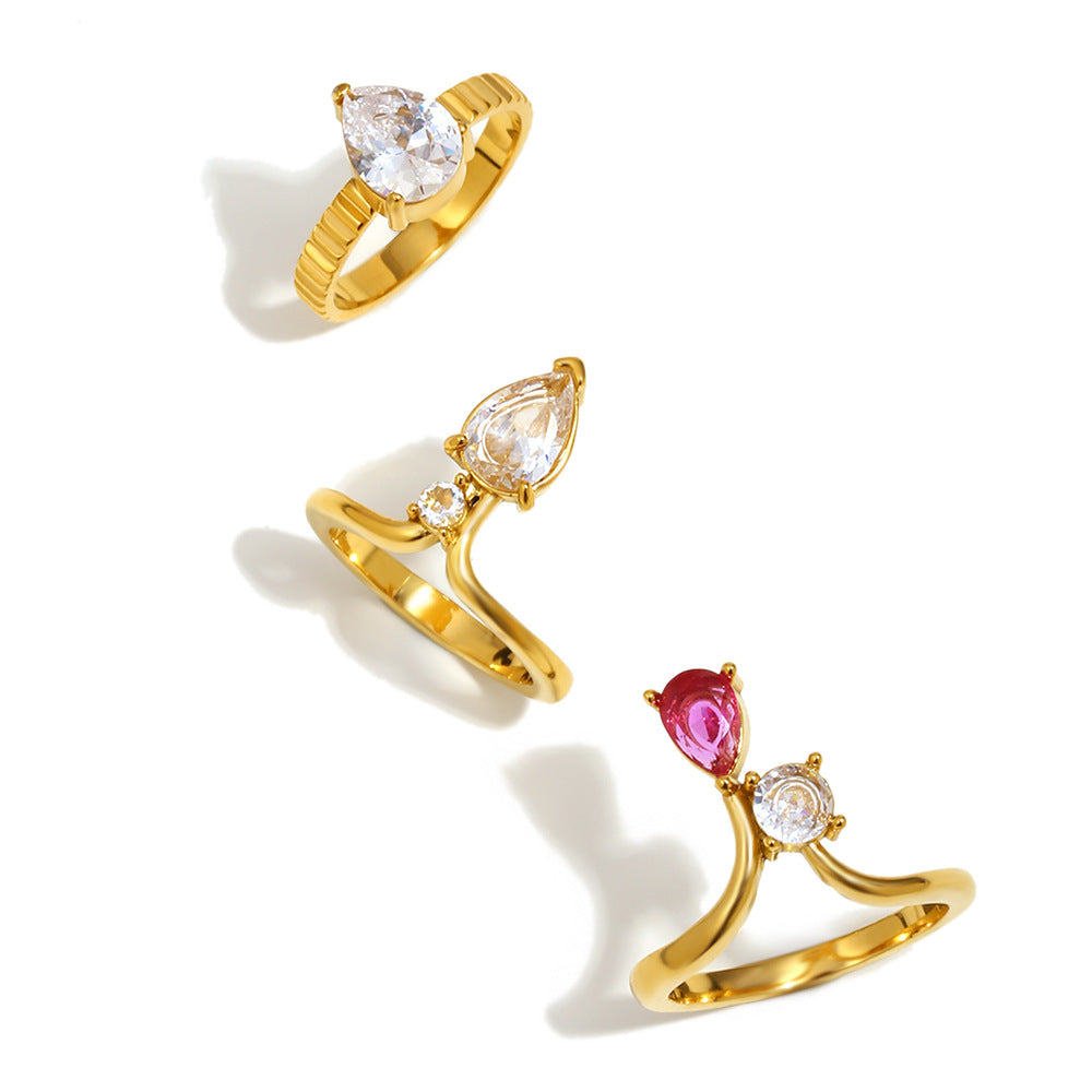 STUD 18K gold-plated stainless steel ring with crown-set pink and clear teardrop zircon stones
