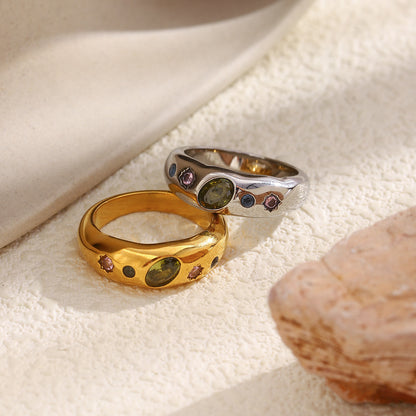 Silver multicolor geometric zircon ring by STUD – 18K white gold plated, modern chunky design