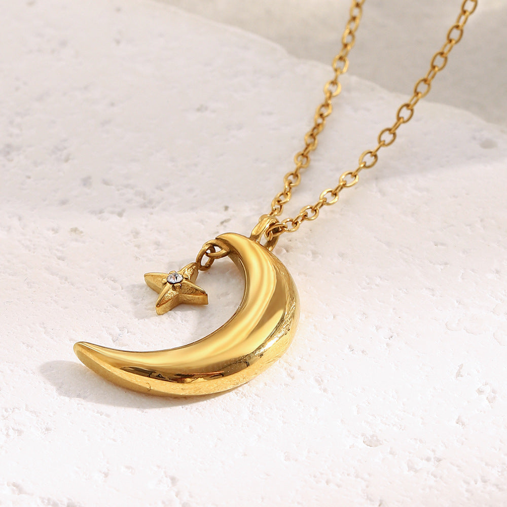 18K gold-plated crescent moon and star pendant necklace on stainless steel chain