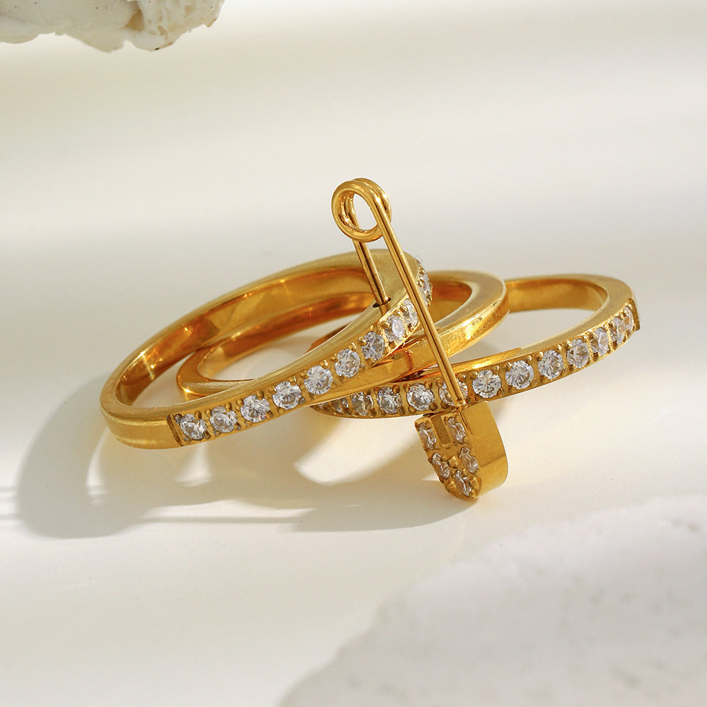 Bold Sparkle Safety Pin Ring with triple 18K gold plated bands and zircon pavé – STUD