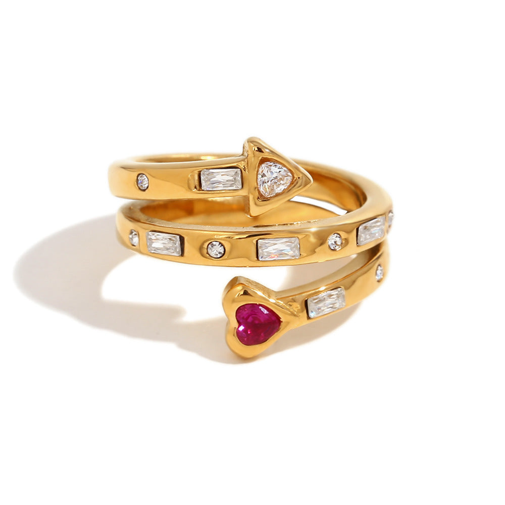 18K gold-plated red heart open ring with arrow and zircon design