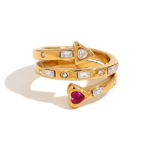 18K gold-plated red heart open ring with arrow and zircon design