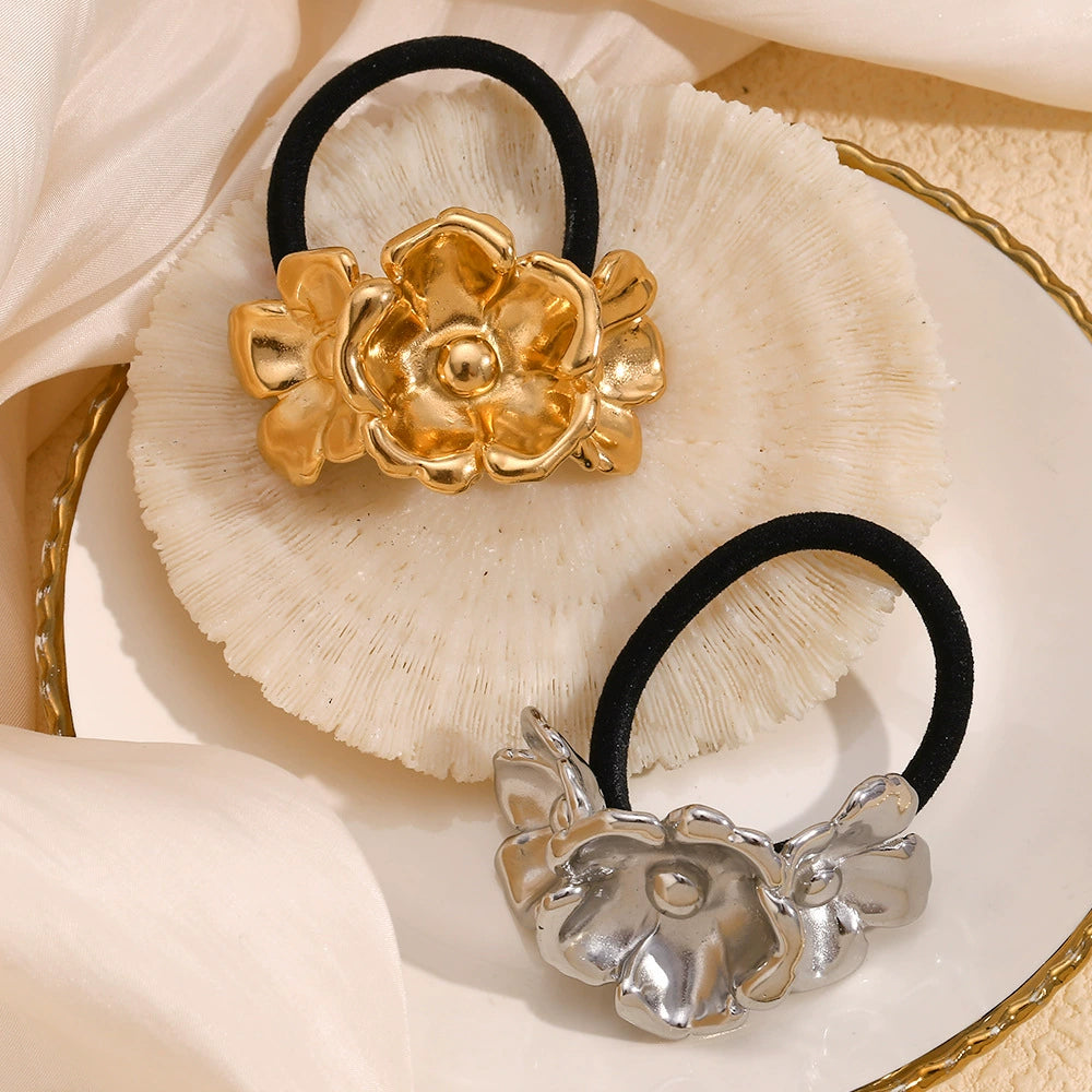 Vintage-Inspired 18K Gold-Plated Three-Flower Hair Tie for Women