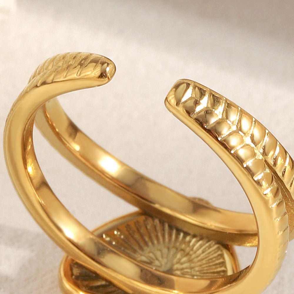 18K Gold-Plated Open Heart Adjustable Ring with Textured Finish and Central Gemstone