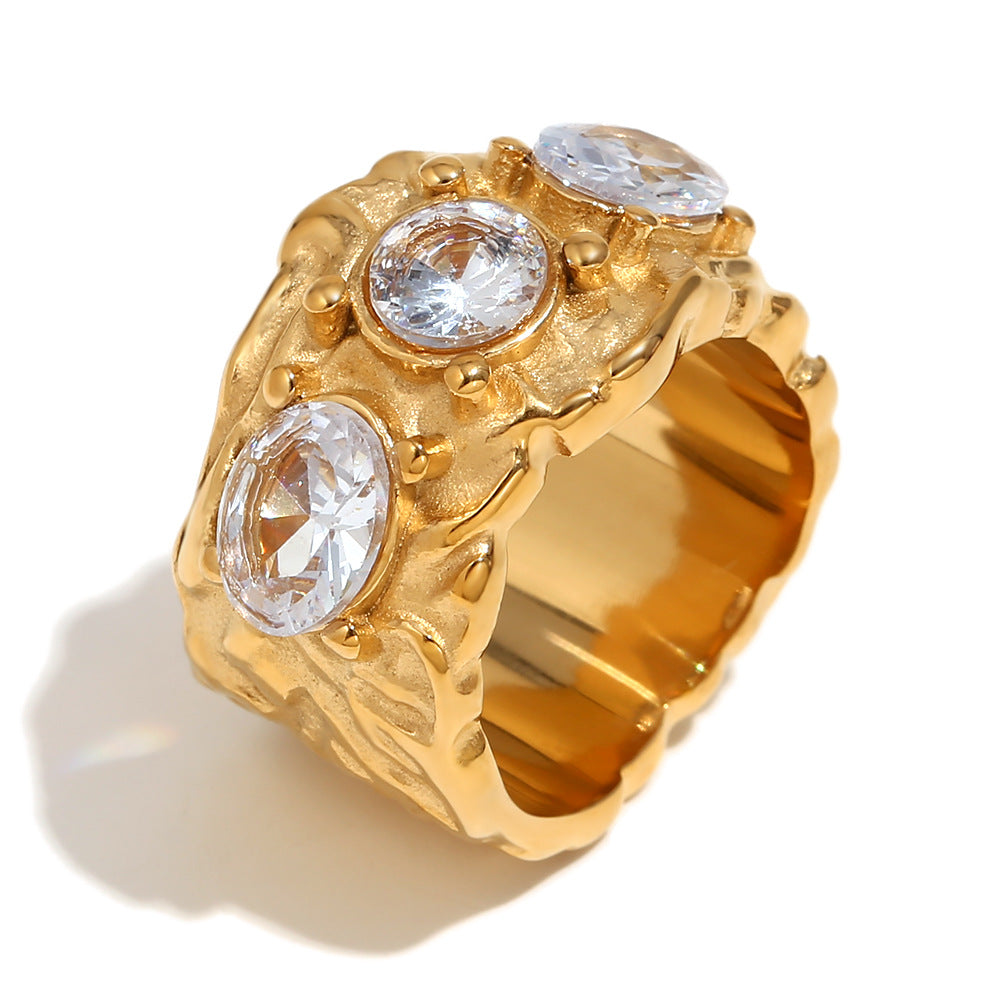 STUD 18K gold-plated sculpted ring with clear zircon stones
