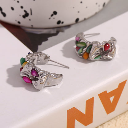 Close View of Moon-shaped ruffle silver earrings with colorful stones – waterproof, hypoallergenic by STUD (Shop Till You Drop)