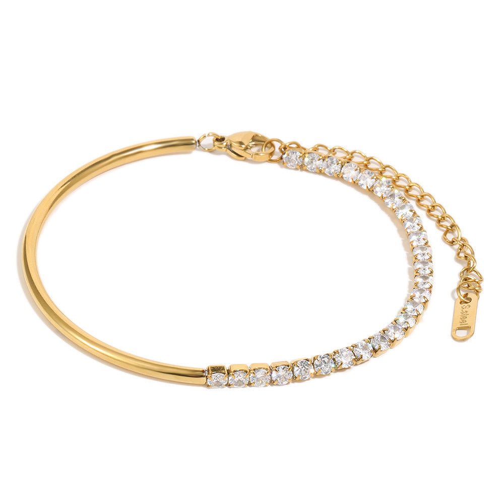 18K gold-plated half bangle half chain bracelet with white cubic zirconia stones, minimalist modern jewelry for women