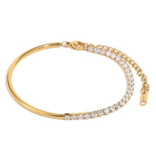 18K gold-plated half bangle half chain bracelet with white cubic zirconia stones, minimalist modern jewelry for women