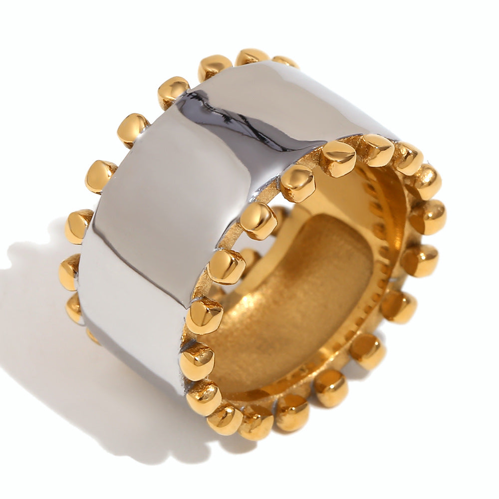 closeup view of Beaded edge gold ring for women – 18K gold-plated stainless steel with smooth polished finish – minimalist jewelry by STUD (Shop Till You Drop)