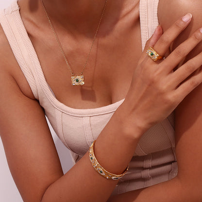 Model Wearing Evil Eye gold necklace with green malachite pendant – STUD-Shop Till You Drop