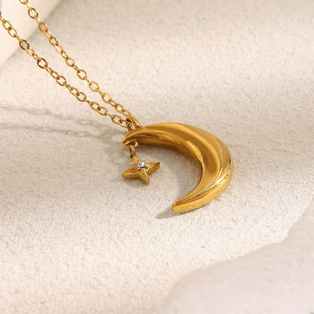 18K gold-plated crescent moon and star pendant necklace on stainless steel chain
