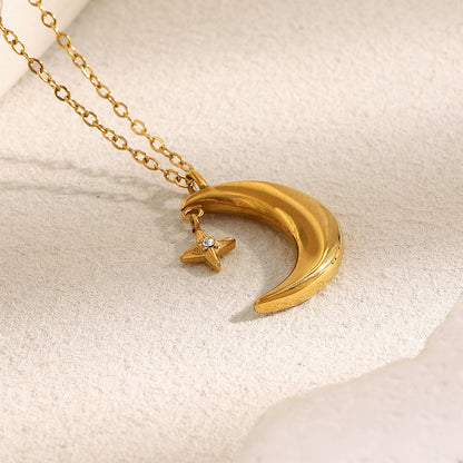 18K gold-plated crescent moon and star pendant necklace on stainless steel chain