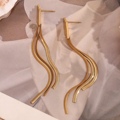 STUD 18K gold-plated stainless steel geometric layered bar tassel chain drop earrings