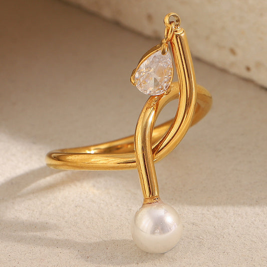 18K gold-plated stainless steel open ring with knot design, zircon charm and pearl drop