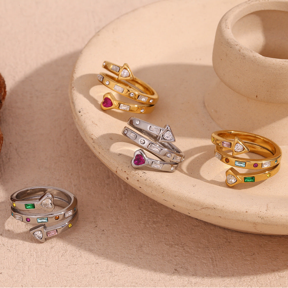 18K gold-plated red heart open ring with arrow and zircon design