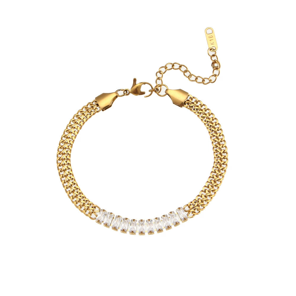 Vintage Double Layer Cuban Link Bracelet – 18K Gold Plated with Zircon Pendant