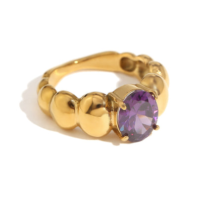 Close up view of Vintage gold purple beaded ring – circular bead design in 18K gold-plated stainless steel – bold minimalist jewelry by STUD (Shop Till You Drop)