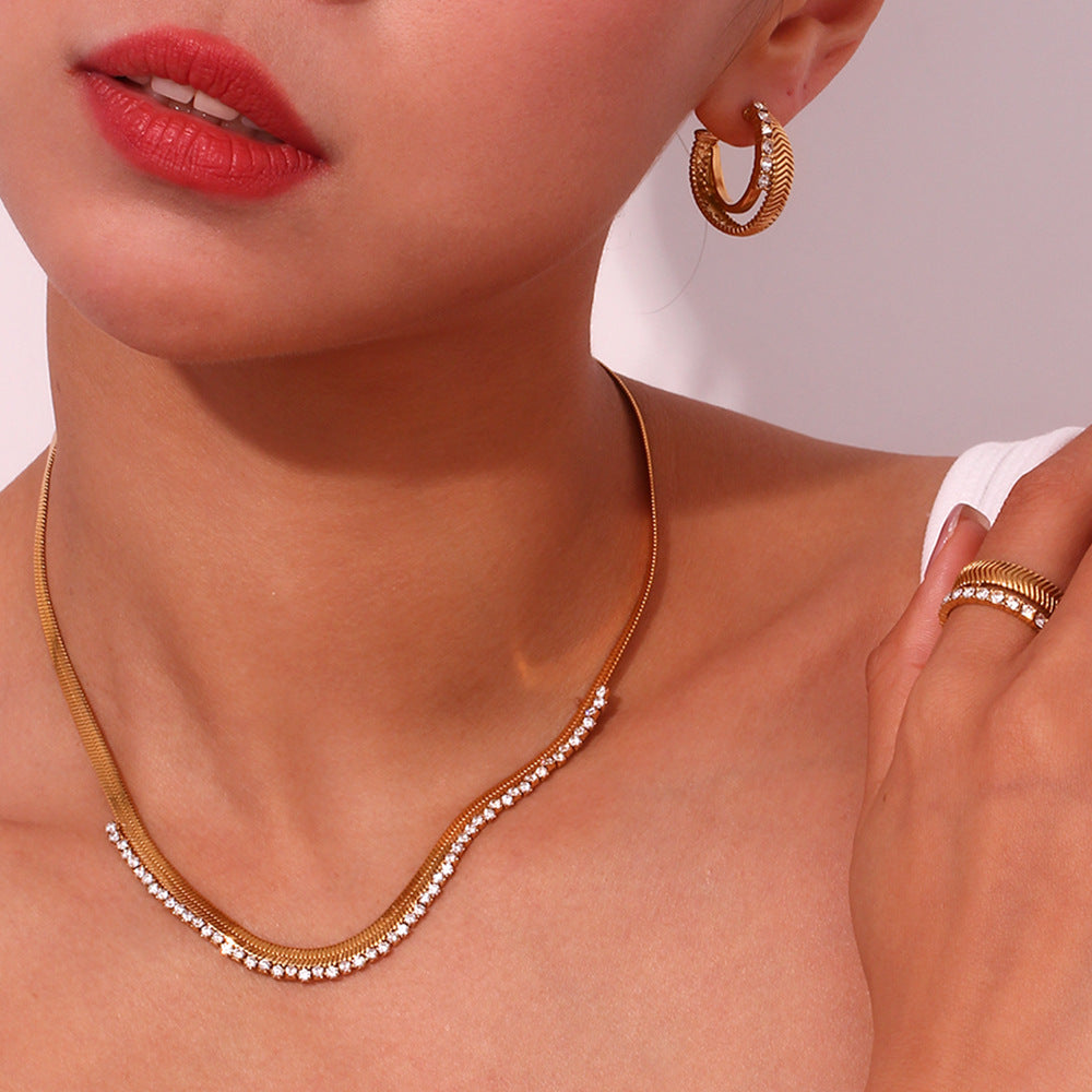 Minimalist Fishbone 18K Gold Plated with Zircon Earrings