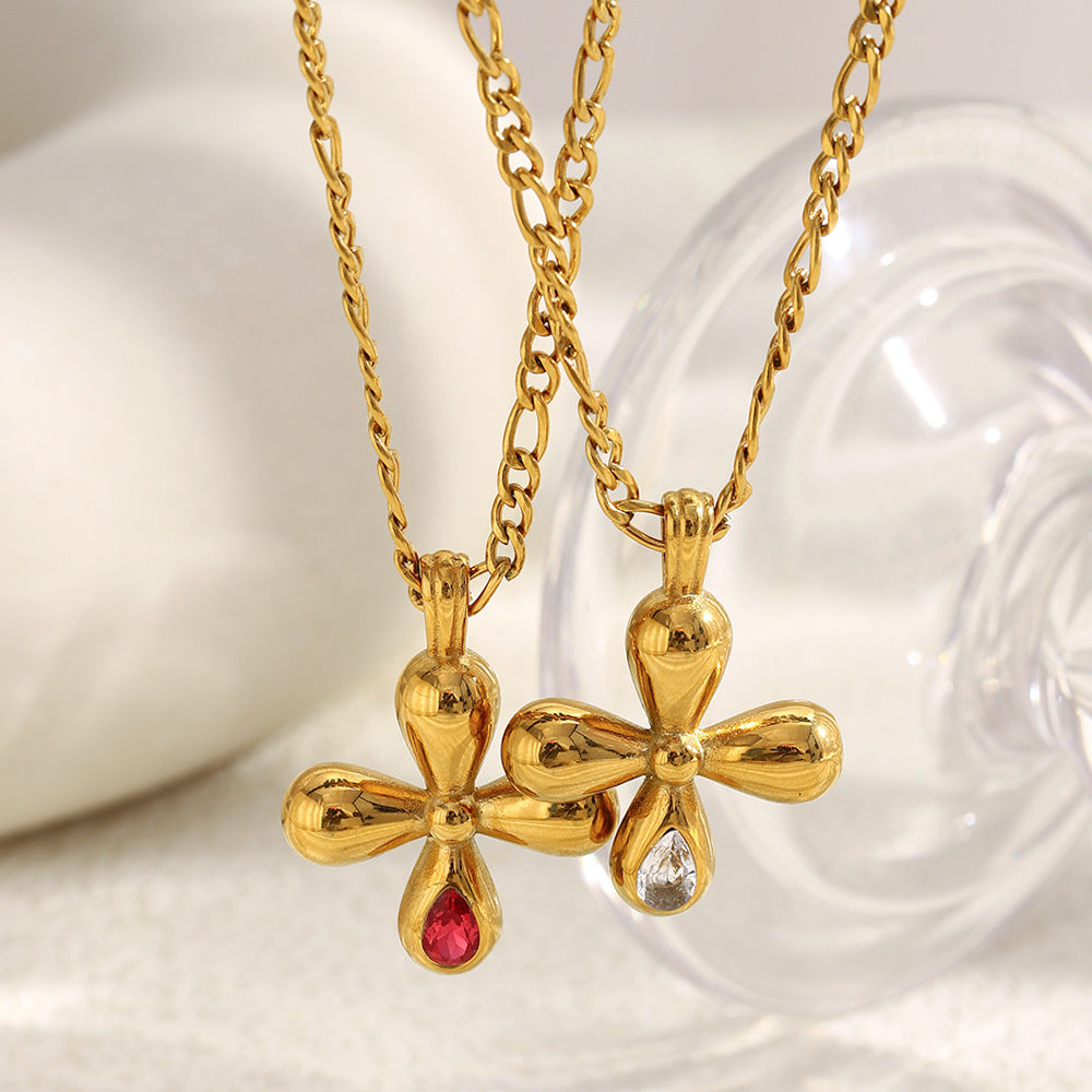 STUD Ruby Bloom Necklace – 18K gold-plated red zircon cross pendant